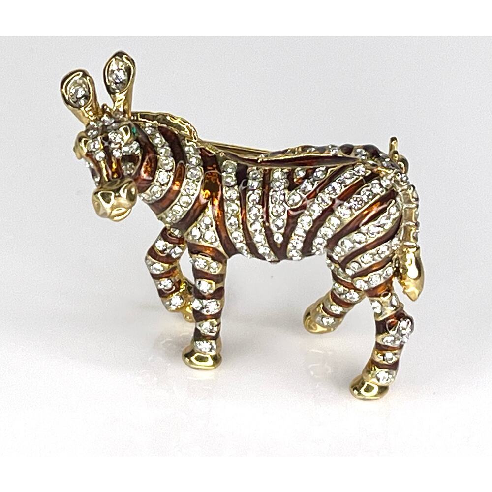 Crystal Zebra Brooch Pin Crystal Rhinestone Enameled Gold Zoo Animal Green Eyes